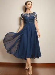 Mother Of the Bride Dresses  Navy Bule A-Line Short  Lace Appliques Chffon Mom Dress Tea-Length Sequined Ruffles Prom Gown