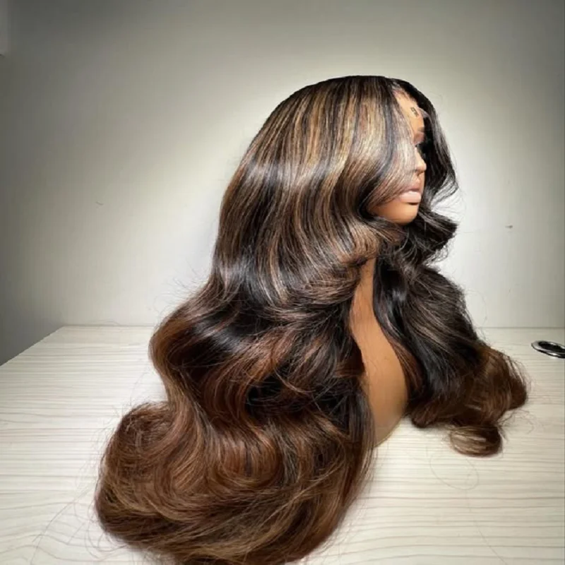 InjBase Highlight Body Wave, Jewish Human BabyHair, HDLace Wig, Perruque sans colle, Cheveux européens préplumés, Densité 180, 5x5, 26 po