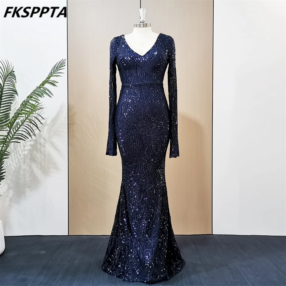 

Navy Full Sleeves Mermaid Dress Evening V Neck Floor Length Elastic Sequined Plus Size Women Prom Gowns For Wedding Party