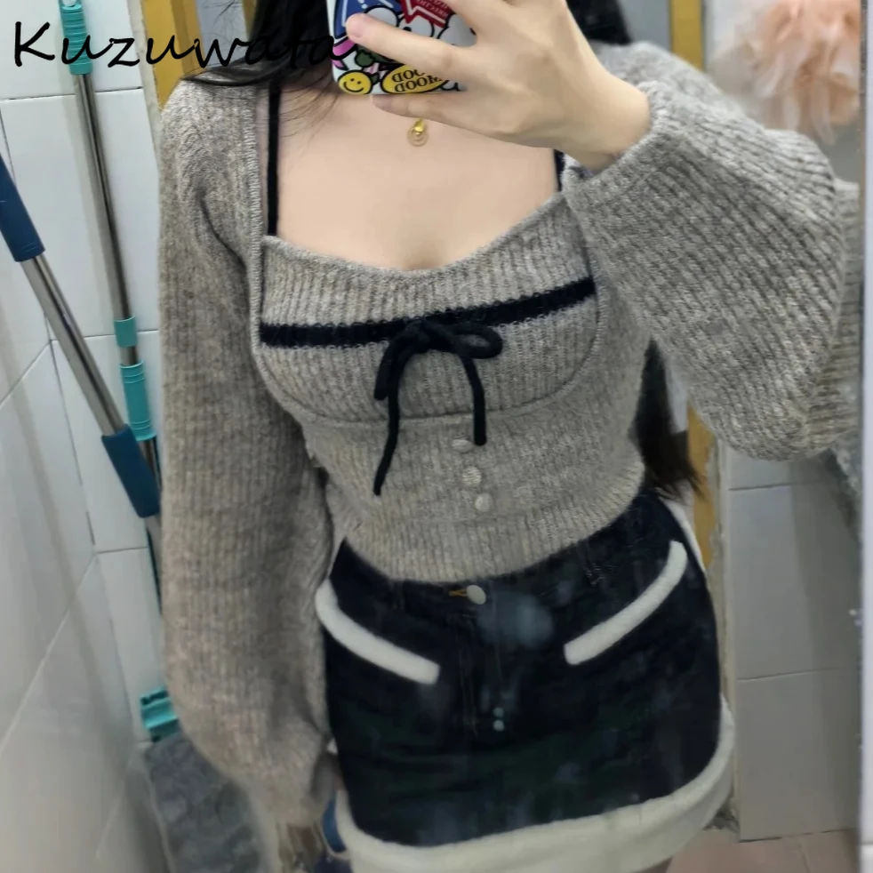 Kuzuwata New Sweet Elegant Temperament Set Jumper Knit Pullover Bow Sexy Minority Pull Femme Japan Slim Casual Pure Desire Top