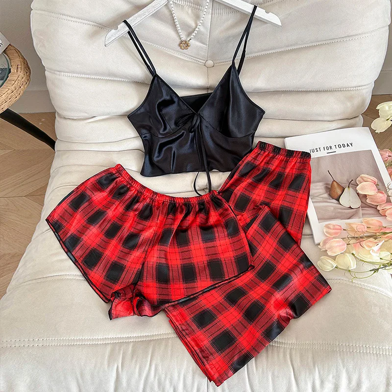 Casual Women'S Home Suit Set With Plaid Suspender Pants Three Piece Set Imitation Silk Pajamas Women'S Comfortable Breathab Suit
