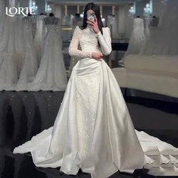 LORIE High Collar Shiny Wedding Dresses Pleated Lace Beach Bridal Gown Detachable Train Ruffle Shoulder Customized Bride Dress