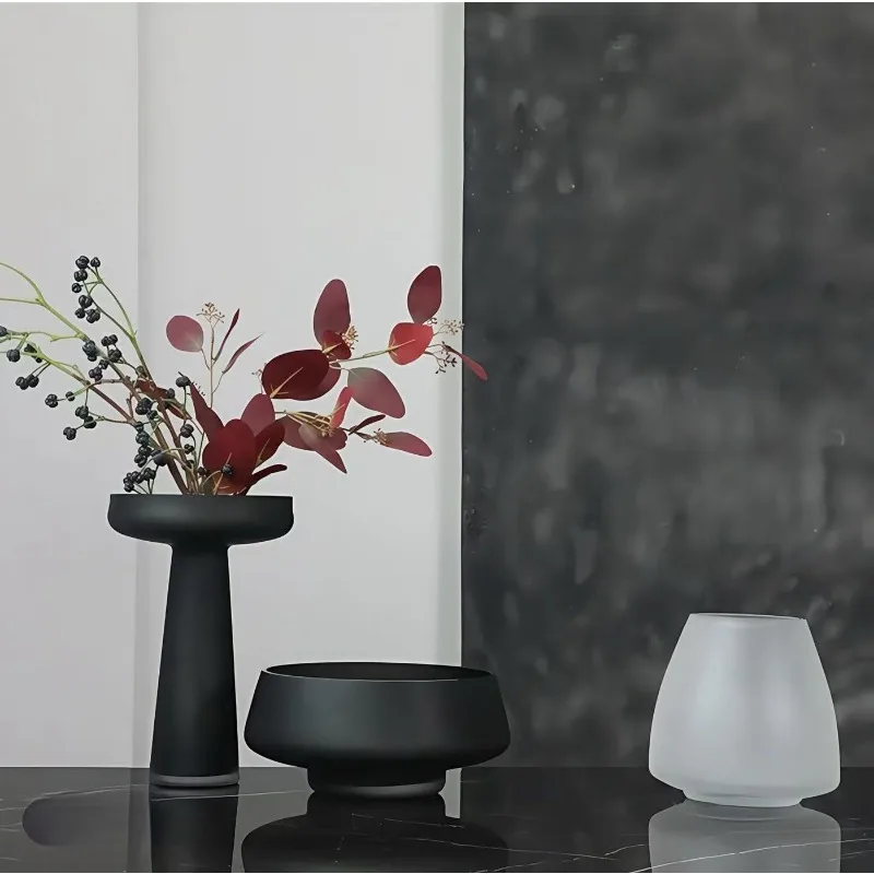 Frosted Glass Black Vase Guest Restaurant Entrance Vase Flower Arrangement High-end Ornament Ins Nordic Style Home Decor