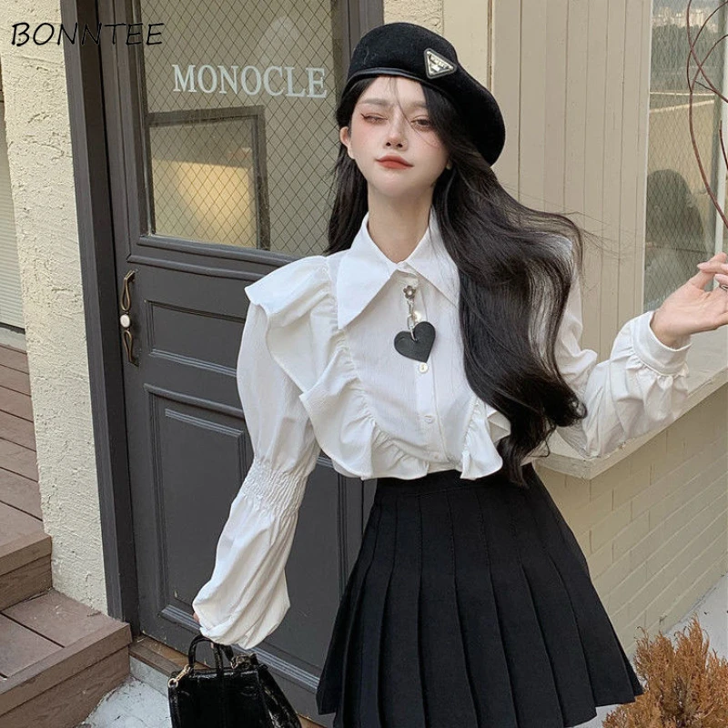 Lantern Long Sleeve Shirts Women Ruffles Design Lovely French Style Girlish Retro Spring Autumn Temperament Aesthetic Tops New