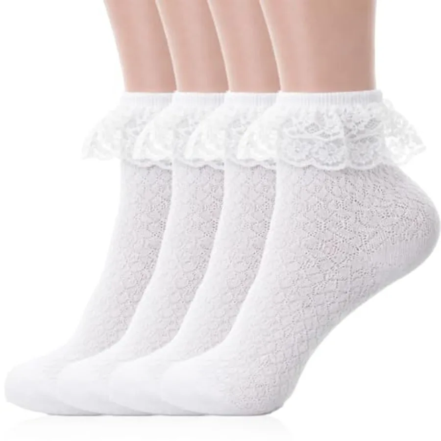 

2 Pairs White Ruffle Socks for Women, Breathable Cute Frilly Socks Women, Comfortable Cotton Lace Ankle Sock for Ladies Girl Pr