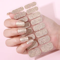 16Tips Full Cover Nail Stickers Glitter Champagne Nail Polish Stickers Long-Lasting Self Adhesive DIY Manicure Decoration