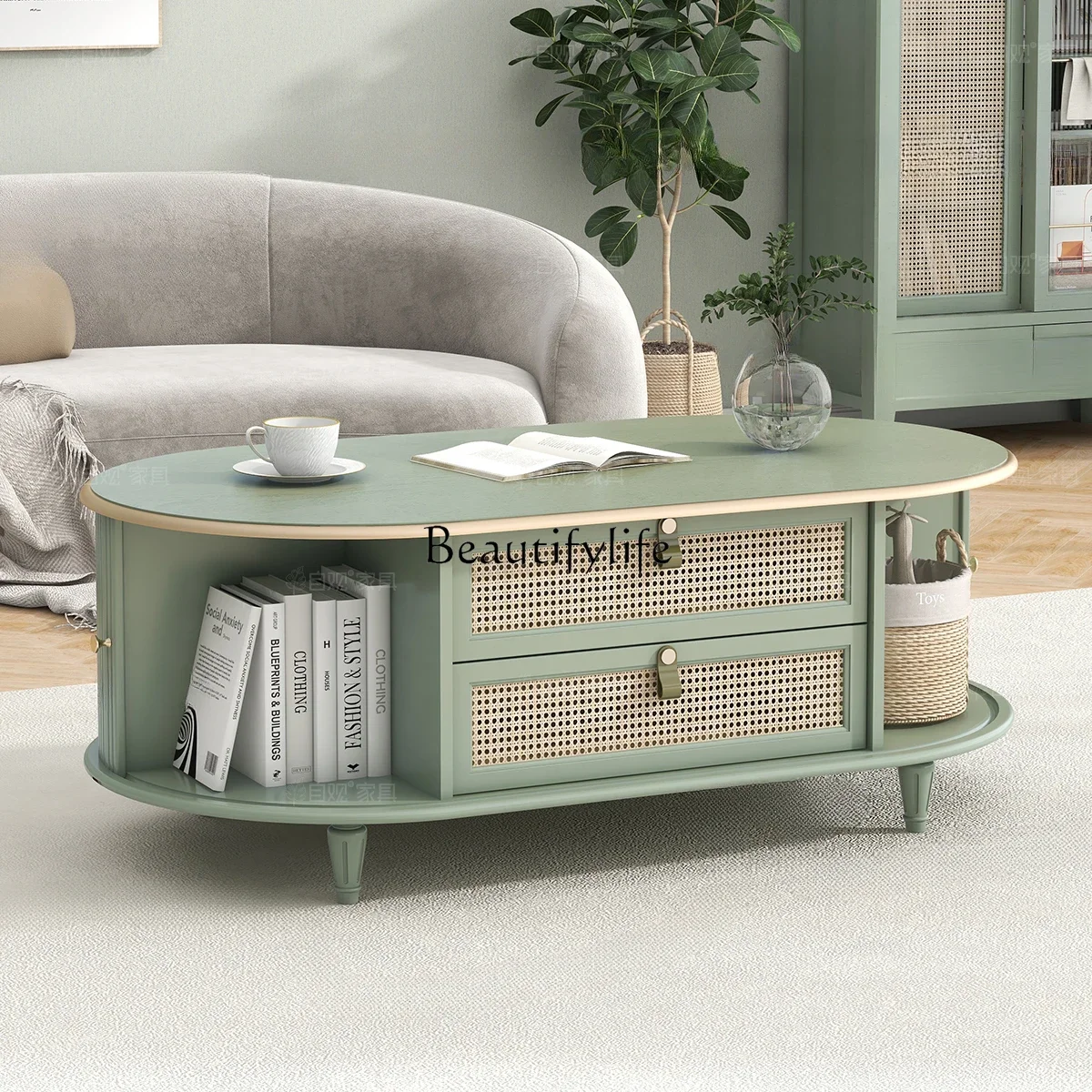 XX39 طاولة قهوة من الخيزران الطبيعي لغرفة المعيشة بيضاوية يابانية بسيطة وباب مصراع دوار وطاولة منخفضة #4