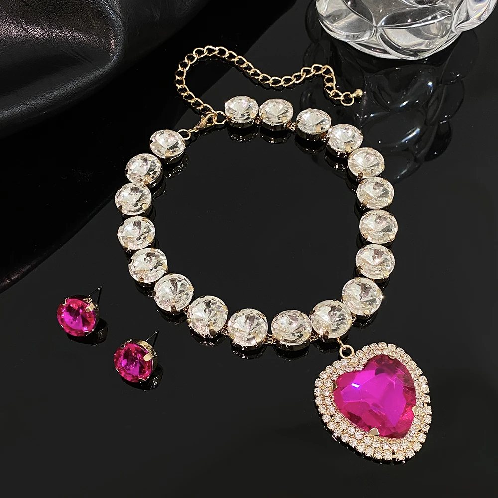 

Freetry Exaggerated Luxury Rhinestone Heart Earrings Necklaces Jewelry Sets for Women Lady Engagement Wedding Party Accessories