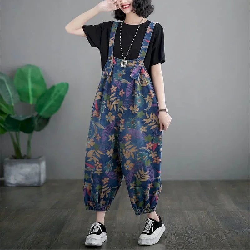 

Floral Denim Jumpsuits for Women Oversized Playsuit Denim Pants Loose High Waist Trousers Overalls for Women Clothes One-pieces