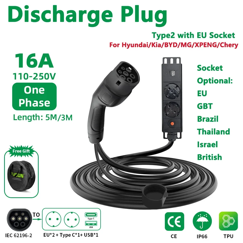 Electric Car Side Discharge Plug Type2 16A Outdoor Power Station with EU/GBT/British Socket for Vehicles Supporting V2L