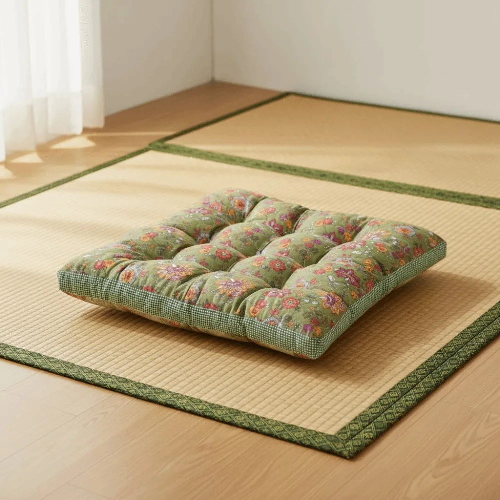Rustic Floral Print Korean-Style Tatami Cushion Cotton Filling Non-slip Chair Cushion Square Thickened Chair Mat Dinning Chair
