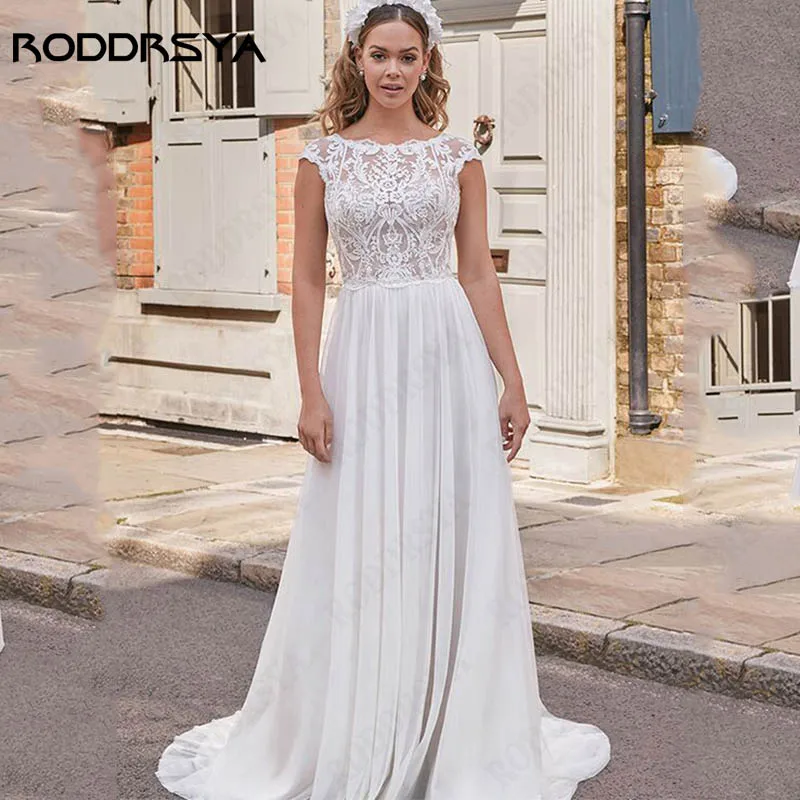 RODDRSYA Romantic Cap Sleeve Wedding Dress Boho Lace Appliques Bridal Gowns O-Neck Backless Chiffon Vestido De Noiva Custom Made