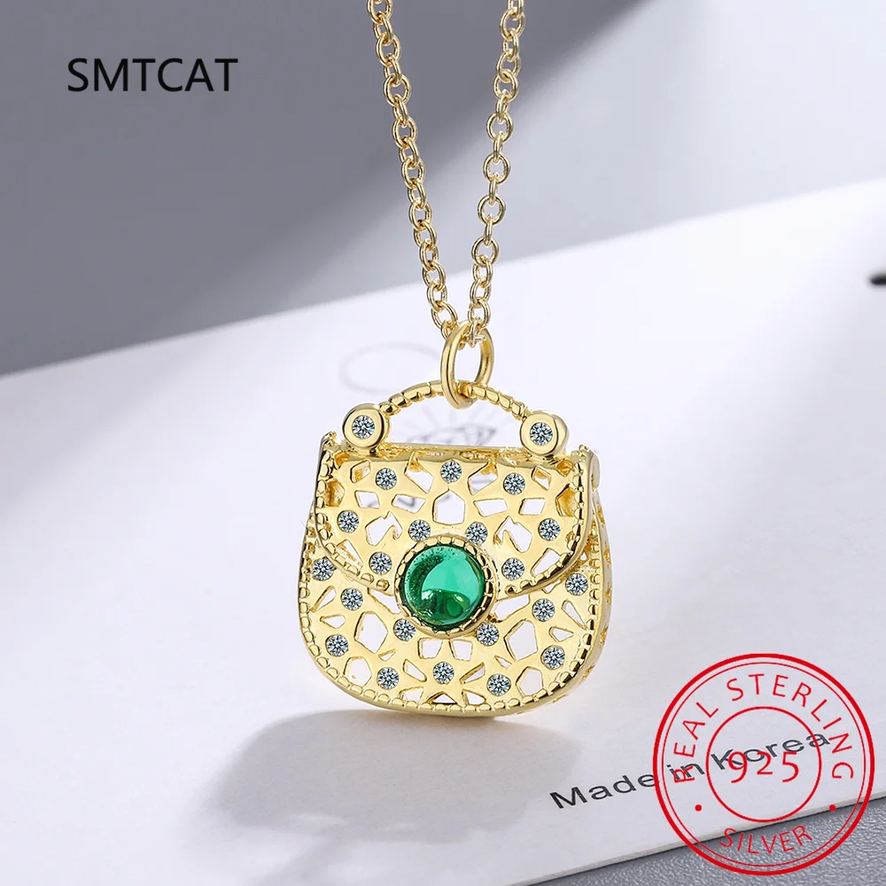 Round Green Simulated Nano Emerald 925 Sterling Silver Bag Pendant Necklace for Women Gemstones Choker Colar de Prata