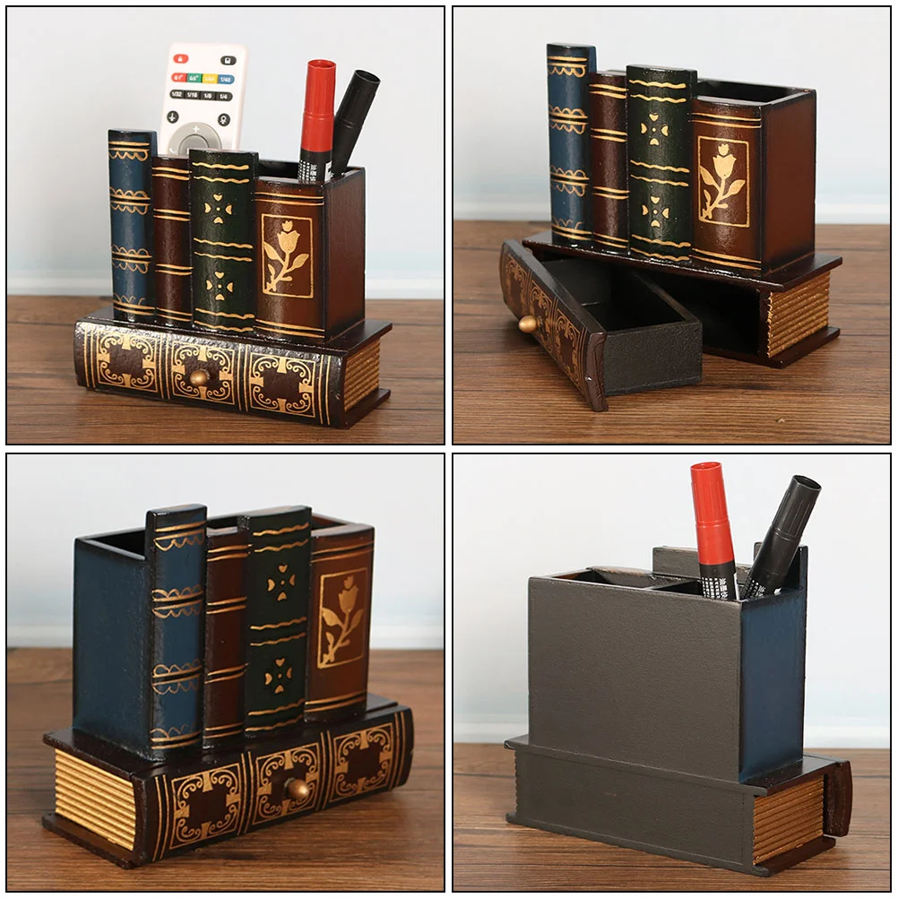 Pen Holder Wooden Multi-purpose Container Brush Pot with Drawer Ornament Tabletop Multi-function Desktop