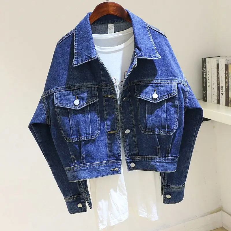 Blue Retro Short Denim Jacket For Women Spring Autumn 2026 New Loose Versatile Long Sleeved Jean Jackets Female Basic Coat Tops