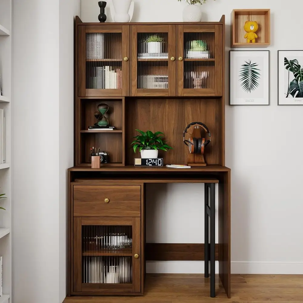 

Walnut Executive Desk with Glass Door, Convertible Design, Bookshelf & Hutch, 90° Rotating Top, Spacious Work Area