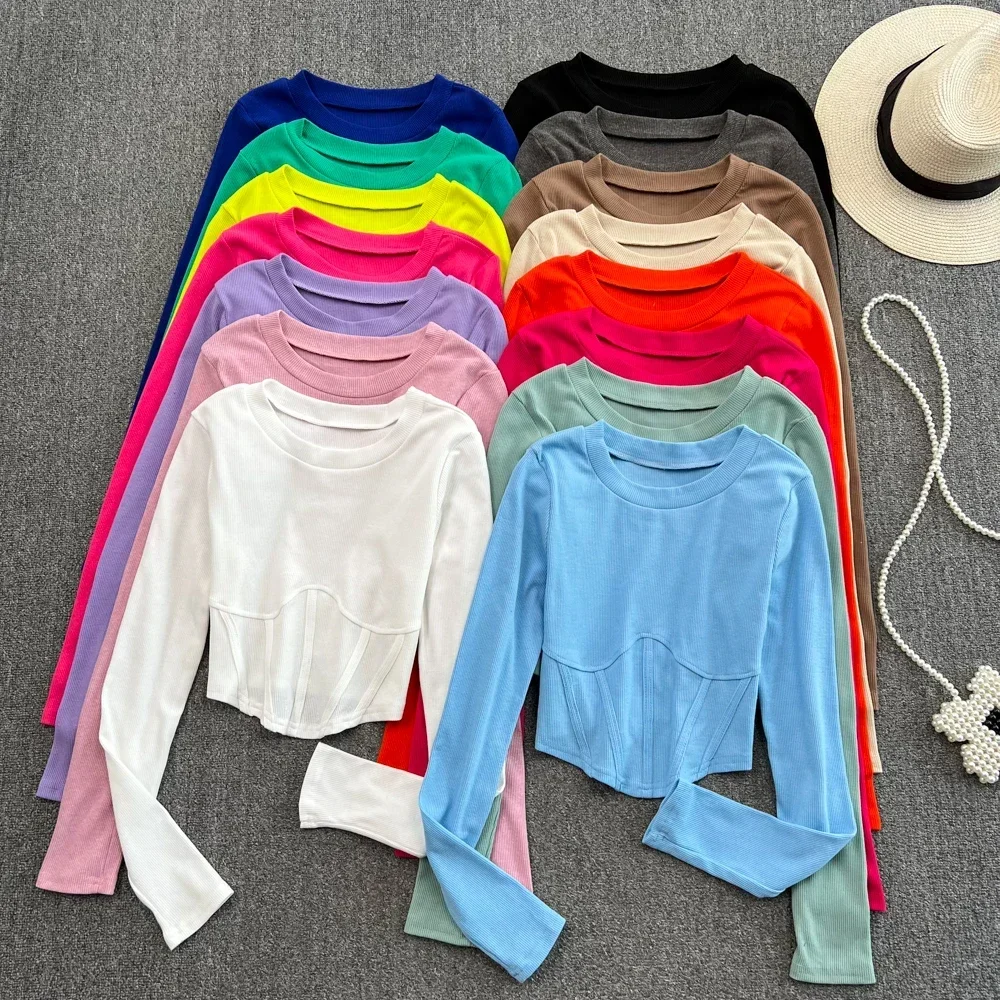 Chic Skinny Irregular Tshirt Sexy Ribbed Slim T Shirt Korean Fashion Tees  Long Sleeve High Waist Women Spring Autumn Crop Top