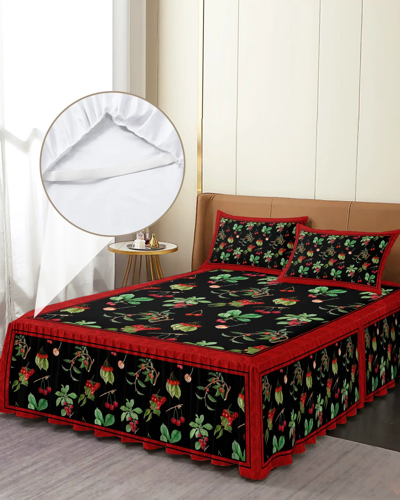 Vintage Plant Fruit Cherry Bed Skirt Elastic Fitted Bedspread With Pillowcases Mattress Cover Bedding Set Bed Sheet