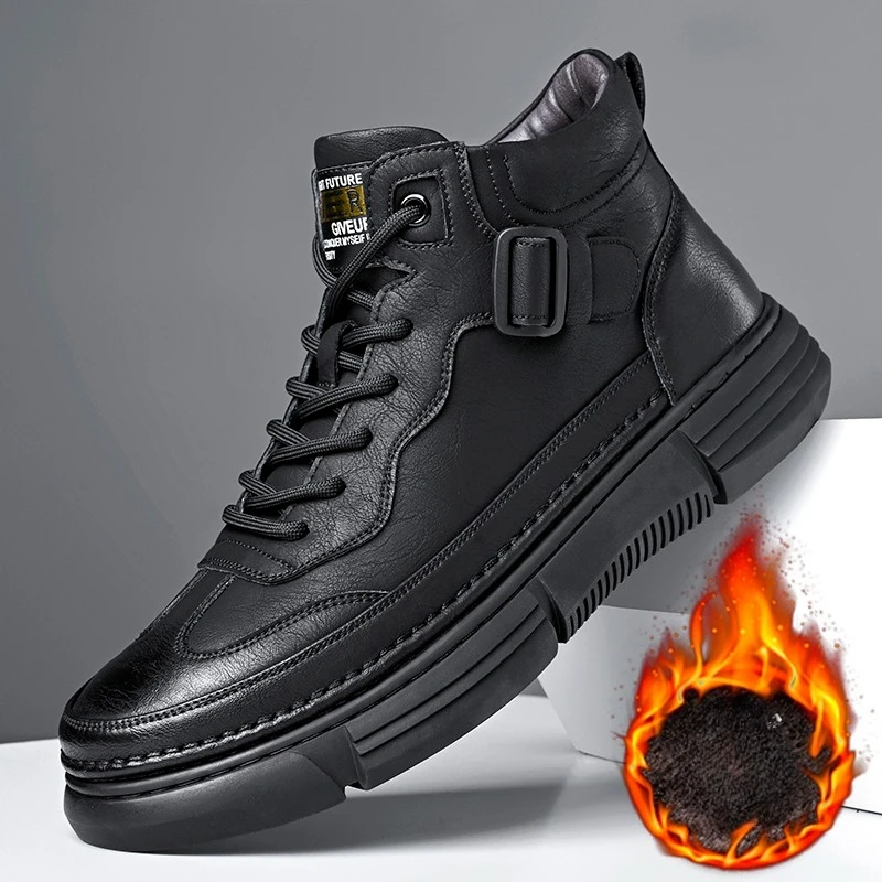 Fashion Men High Top Casual Boots Lace Up Buckle Thick Platform Sole Non‑Slip Work Boots Male Daily Wear Fleece Lined Shoes