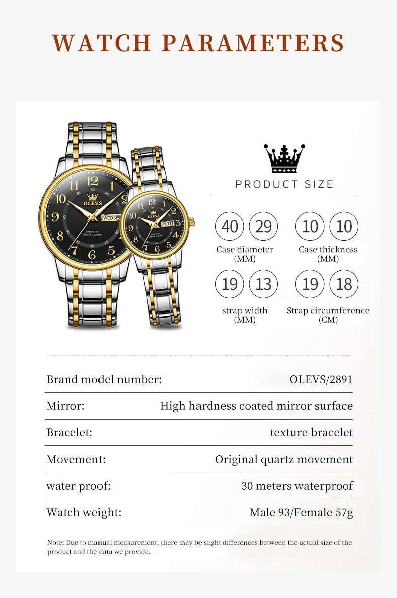 OLEVS 2891 Luxury Brand Quartz Couple Watch Waterproof Stainless Steel Watch Elegant Calendar Week Date Gift Couple Watch Set