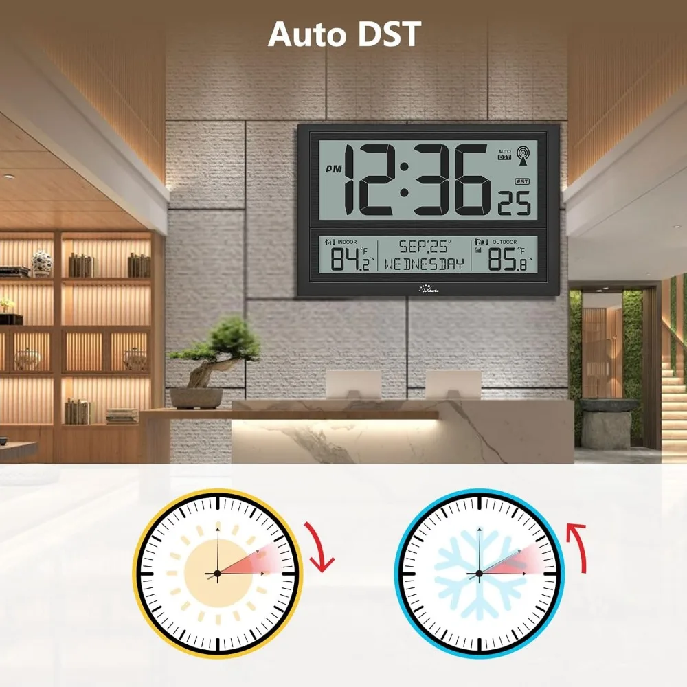 ساعة ذرية كبيرة جدًا مع درجة حرارة داخلية وخارجية، شاشة 4.5 بوصة، DST تلقائي، 4 مناطق زمنية، تعمل بالبطارية #5