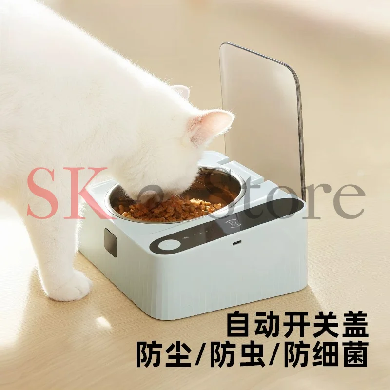 Intelligent Induction Open Lid Cat Bowl Oblique Neck Protection Stainless Steel with Lid Dustproof, Insect-proof and