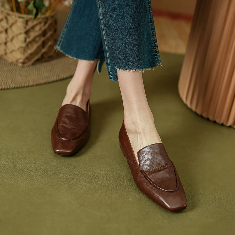 Soft Genuine Leather Square Toe Flats Slip On Women Loafers Simple Style Daily Shoes Lady Shoes Spring Autumn Women Flats