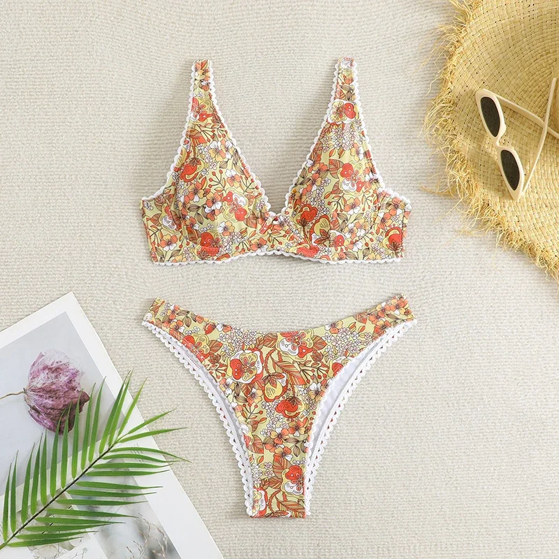 Elegant Floral Pattern Swimsuit Women Bikini Push Up Patchwork Lace Edge Triangle Thong Bikini Set 2025 New Sexy Lady Beachwear