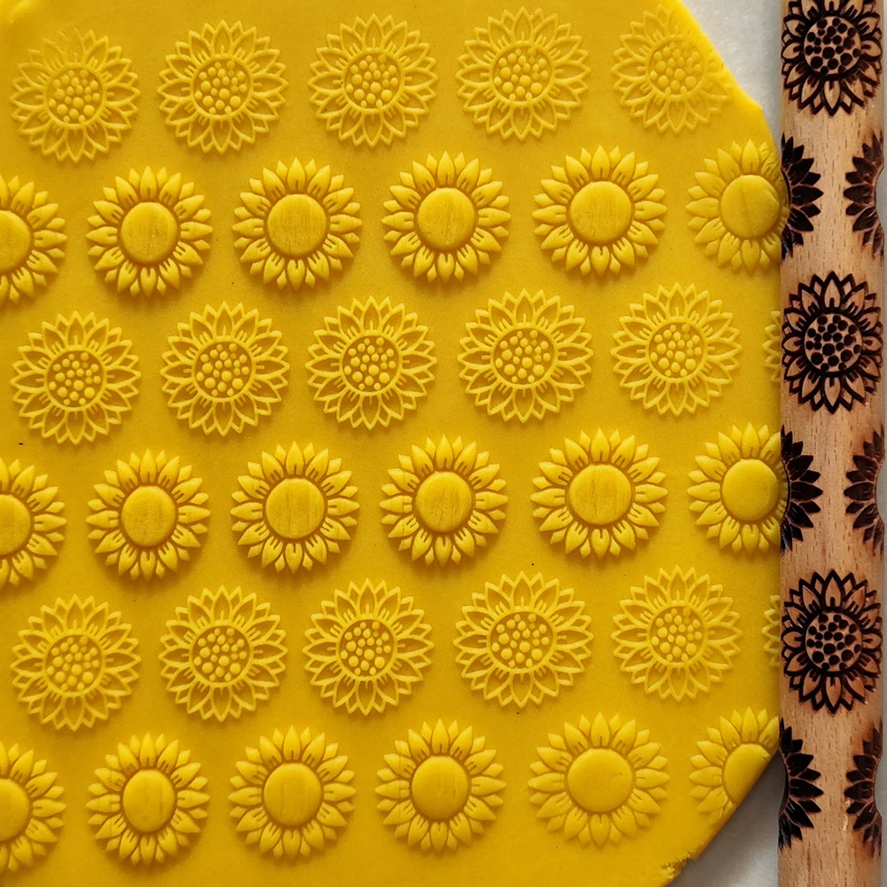 Sunflower Design Natural For Cookies DIY Baking Dough Fondant 3D Wooded Embossed Rolling Pins