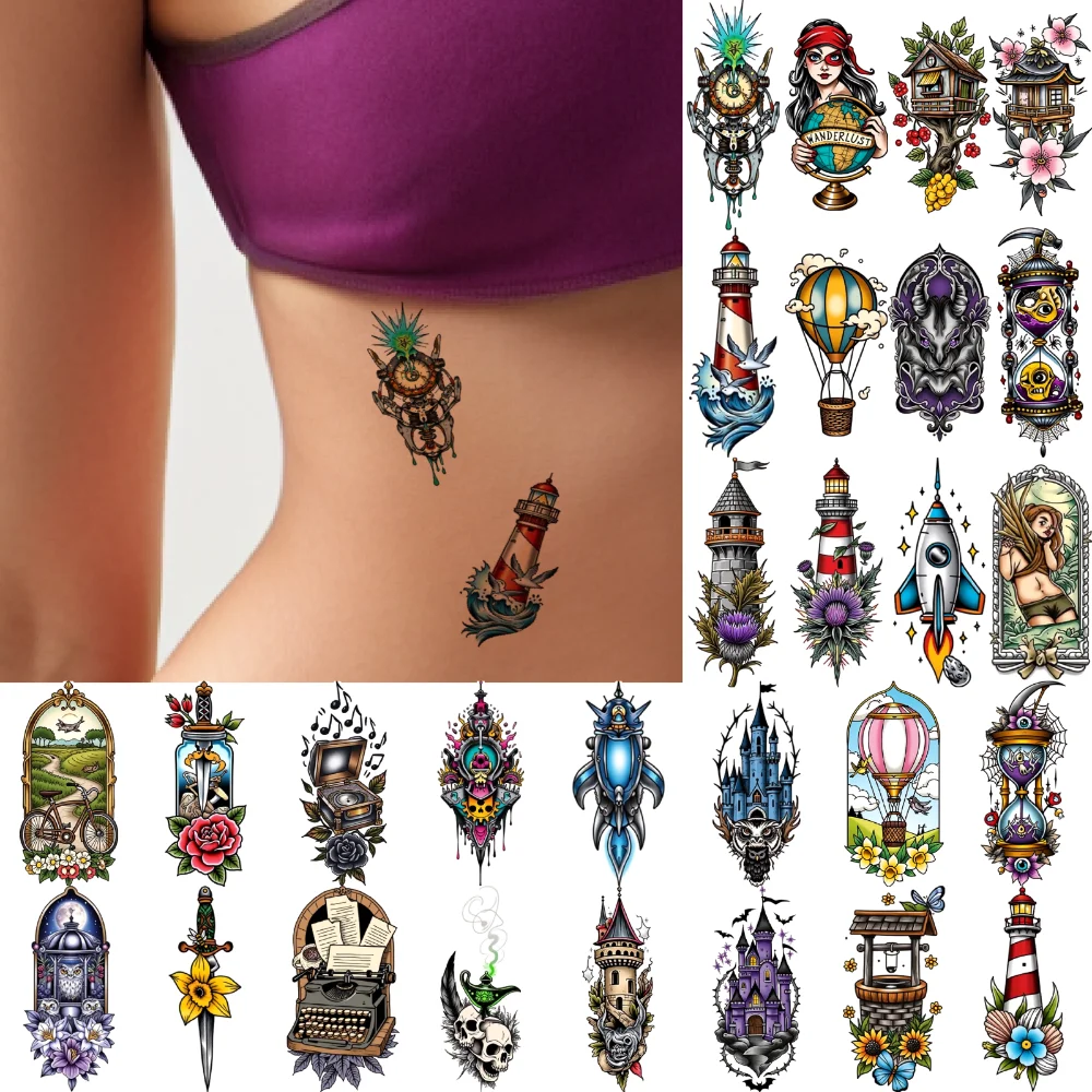 

28pcs Temporary Tattoo Rocket Temporary Tattoo Stickers Lighthouse Skull Waterproof Long-lasting Body Stickers Typewriter For