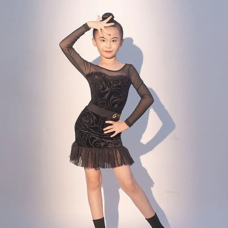 

Advanced Latin Dance Dress for Girls and Children 2023 New Autumn/Winter Black Practice Competition Set Dance Skirt