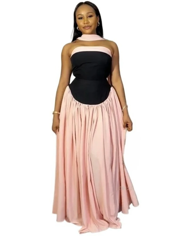 

Women Fashion Halter Neck Pleated Big Swing High Waist Maxi Long Dress 2025 Summer Party Night Club Vestidos Dresses