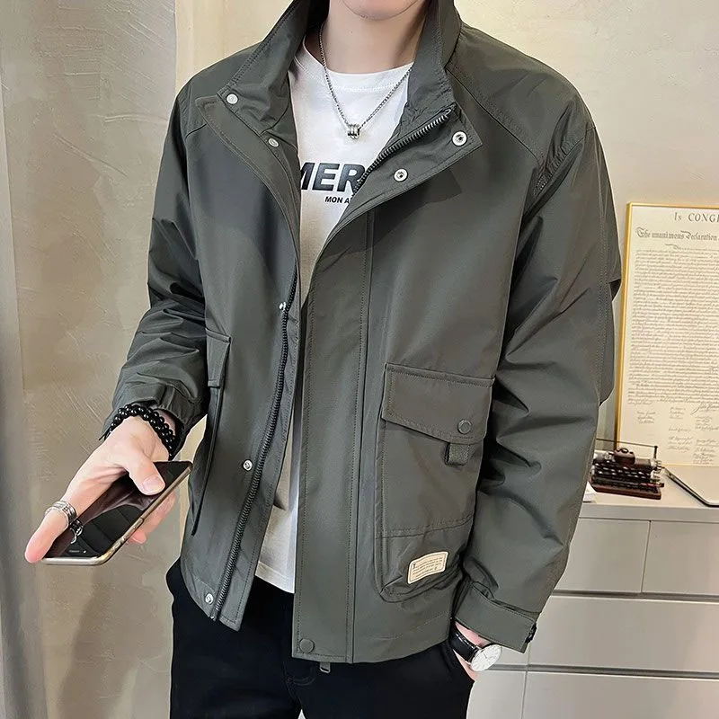 New Spring and Autumn Fashion Trend High End Workwear Jacket Stand Up Collar Loose Versatile and Handsome Casual Men's Coat
