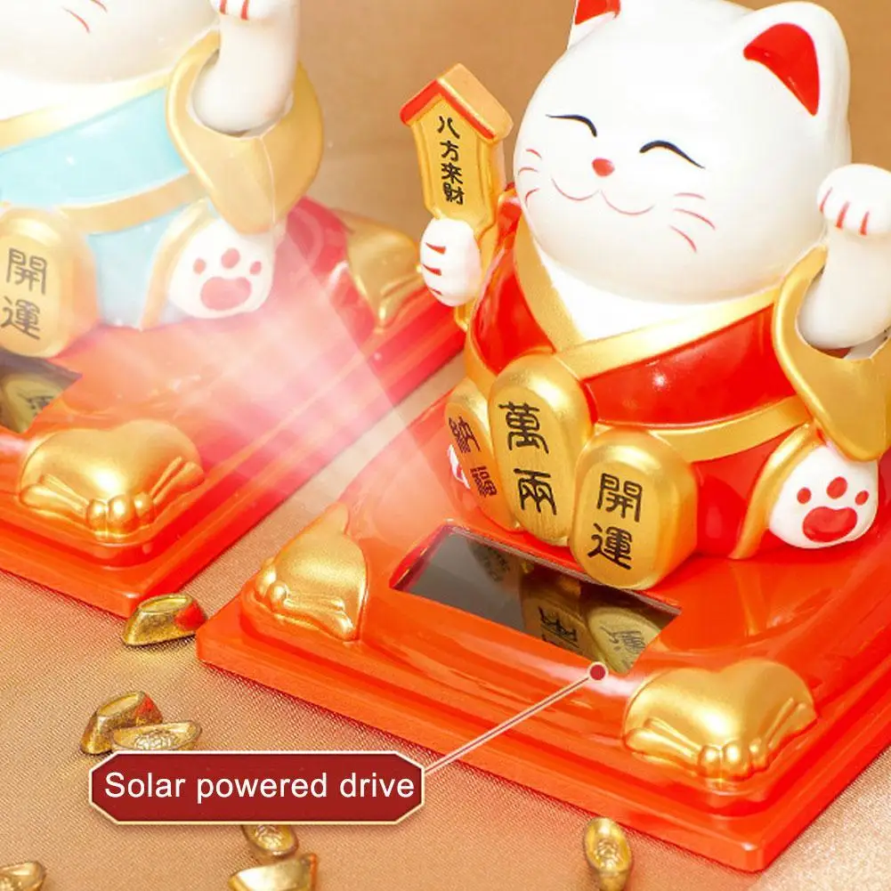Solar Powered Lucky Cat Figurine Automatic Waving Cat Beckoning Fortune Cat Lucky Cat For Office Car Center Console Ornament