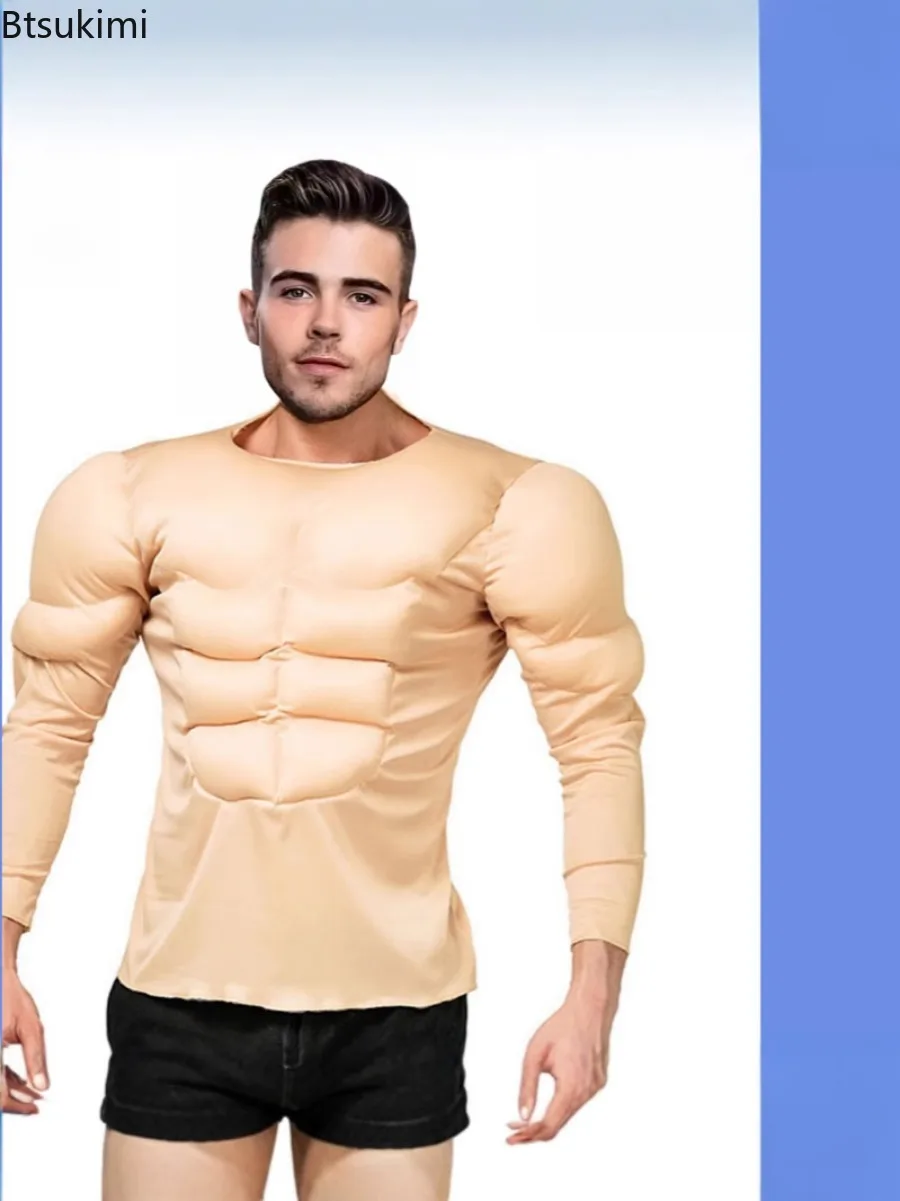 

New 2025 Adult Men Body Builder Costume Fake Muscle Tops Halloween Party Cosplay Costumes Strong and Funny Long Sleeve T-shirts