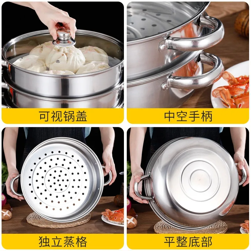 Large Capacity 4-Layer Steamer Pot  Commercial Grade Stainless Steel with Thick Bottom for Restaurant and Home Kitchen