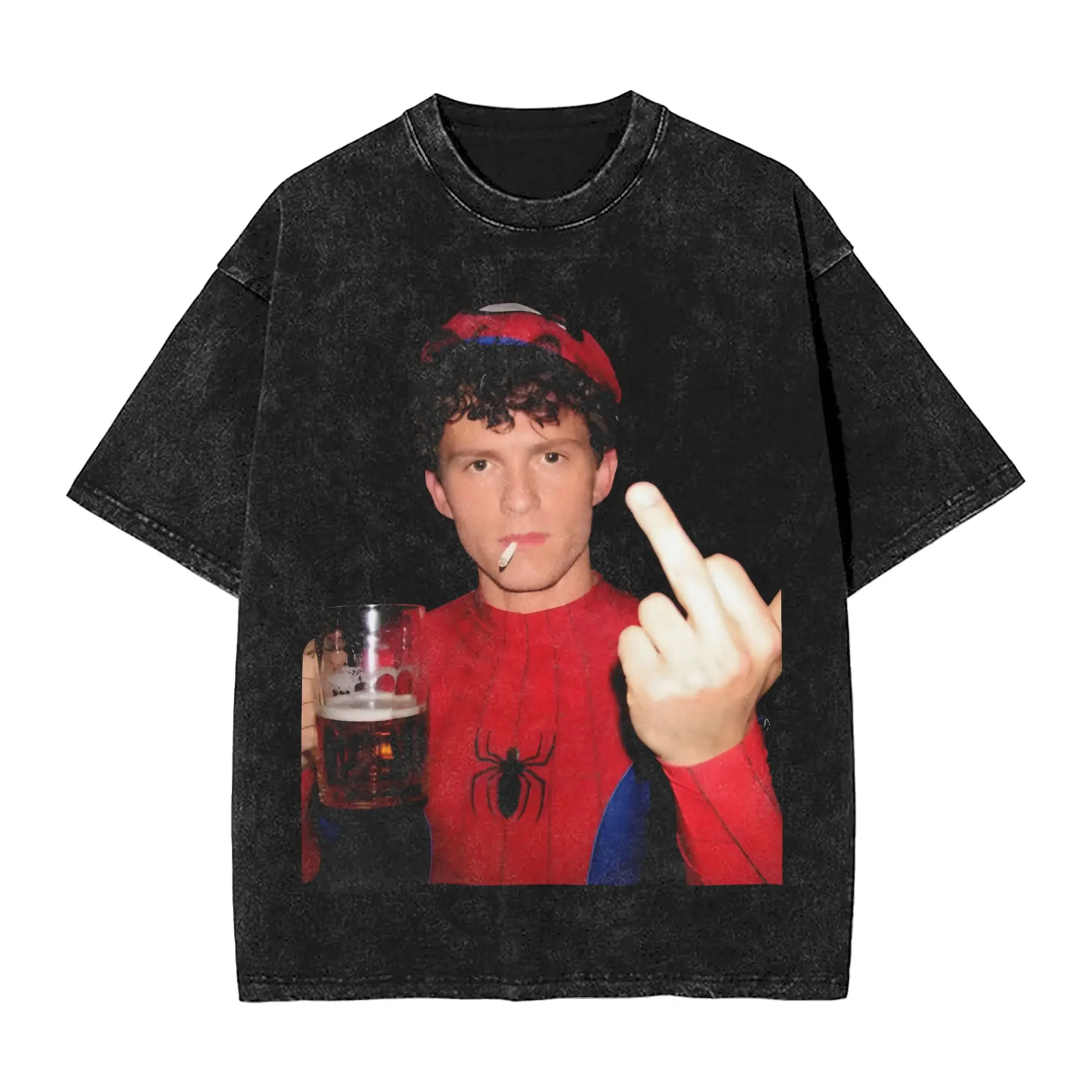 Tom Hollands Middle Finger  Washed T Shirt Streetwear Hip Hop Novelty T-Shirts  Tees Tops for Men Women Short Sleeve Harajuku