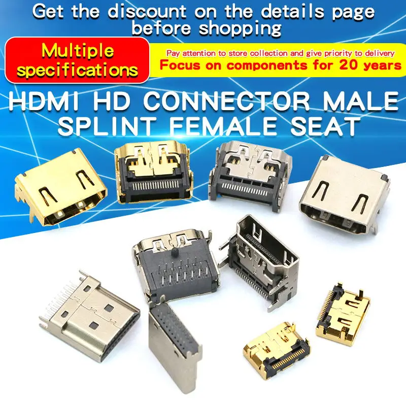 1 SZT. 19-pinowe złącze HDMI męskie/żeńskie, pozłacane, 19P, zacisk 1.6, gniazdo HDMI do naprawy, wymiany, lutowania