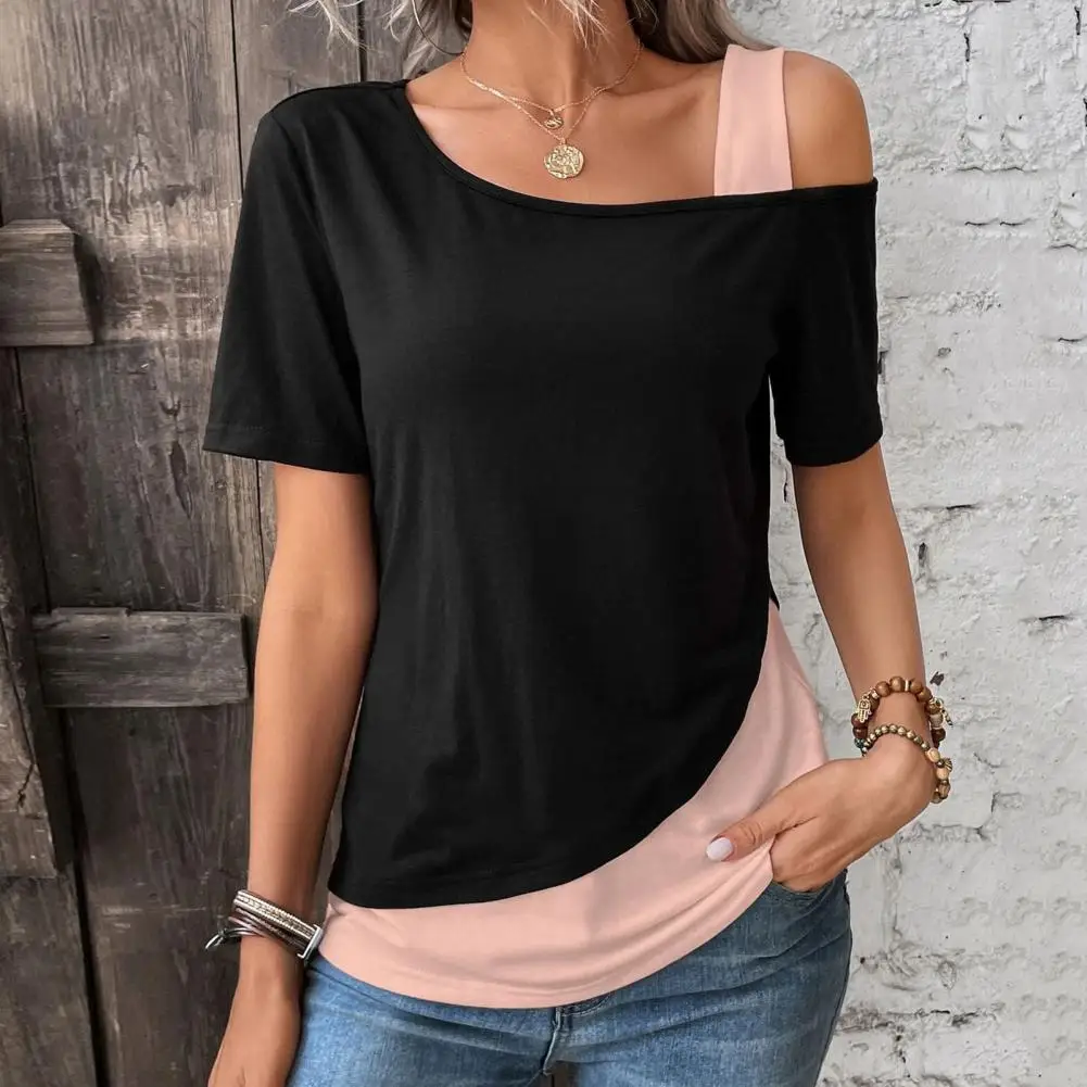 Hot Women Casual T-shirt Short Sleeve One Shoulder Mock Neck Halter Loose Top Shoulder Mock Neck Halter Loose Tshirts Top