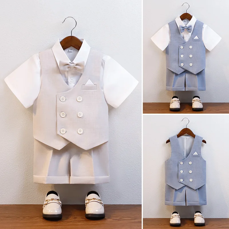 

Boys Summer Short-sleeved Vest Set Children's Waistcoat Shorts Bowtie Outfit Kids Host Piano Performance Photography Costume