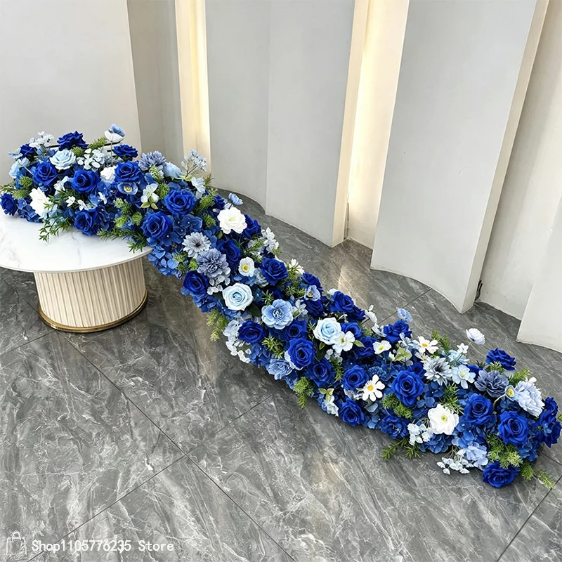 Königsblauer Kunstblumen-Tischläufer, Blumenarrangement-Ball, Hochzeits-Bodenblumenreihe, Gangdekoration, Event-Hintergrund, Dekorationszubehör – Detail 4