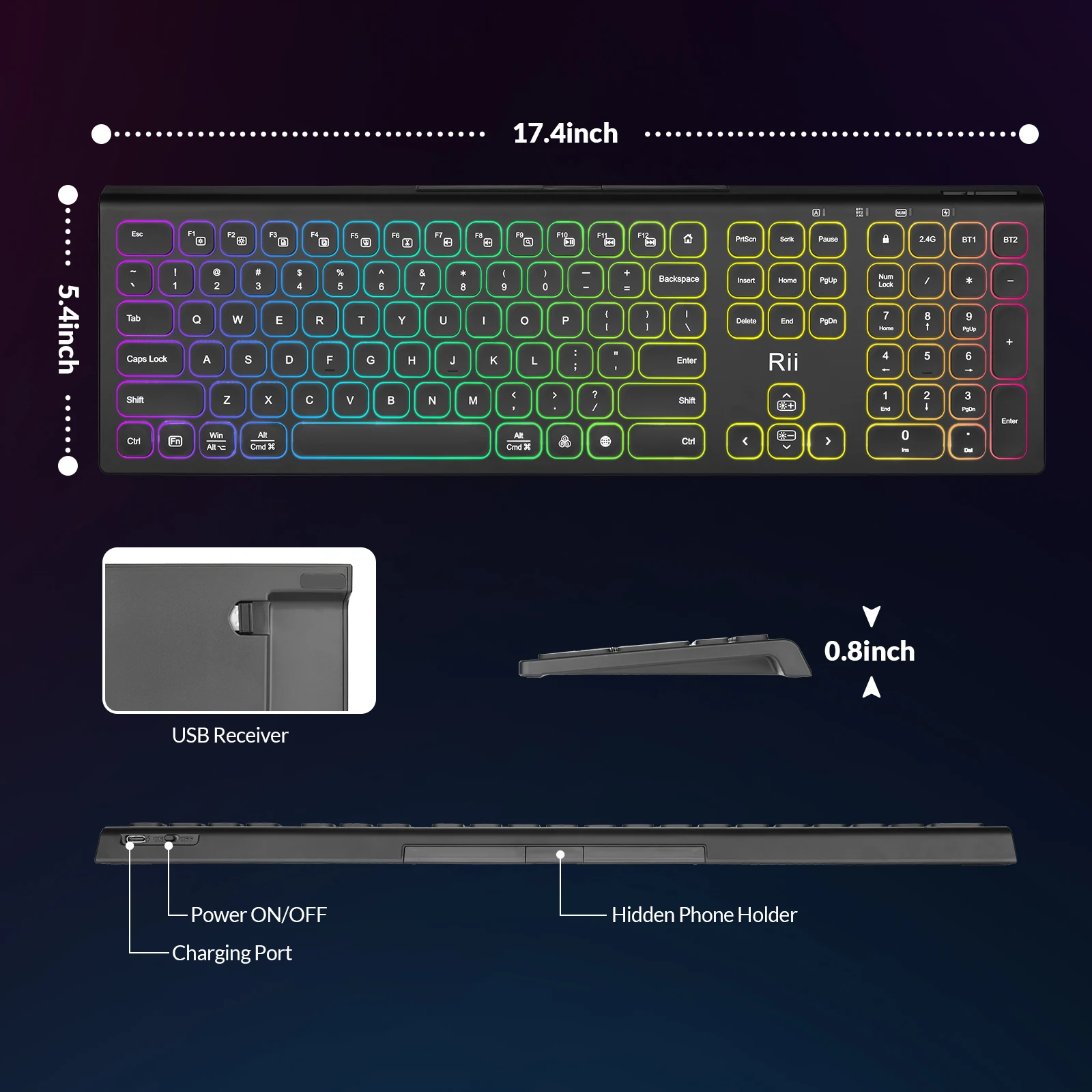 Rii RK801 블루투스 무선 키보드, RGB 백라이트 무소음 키보드 번호 패드, 듀얼 모드, 맥, 윈도우, 리눅스, 컴퓨터, PC용