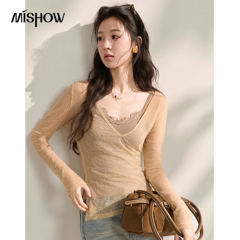 

MISHOW Elegant Lace Fake Two Piece V-Neck Long Sleeve Top for Women 2026 Spring Floral Mesh Slim Fit Casual Blouse MXF16T1573