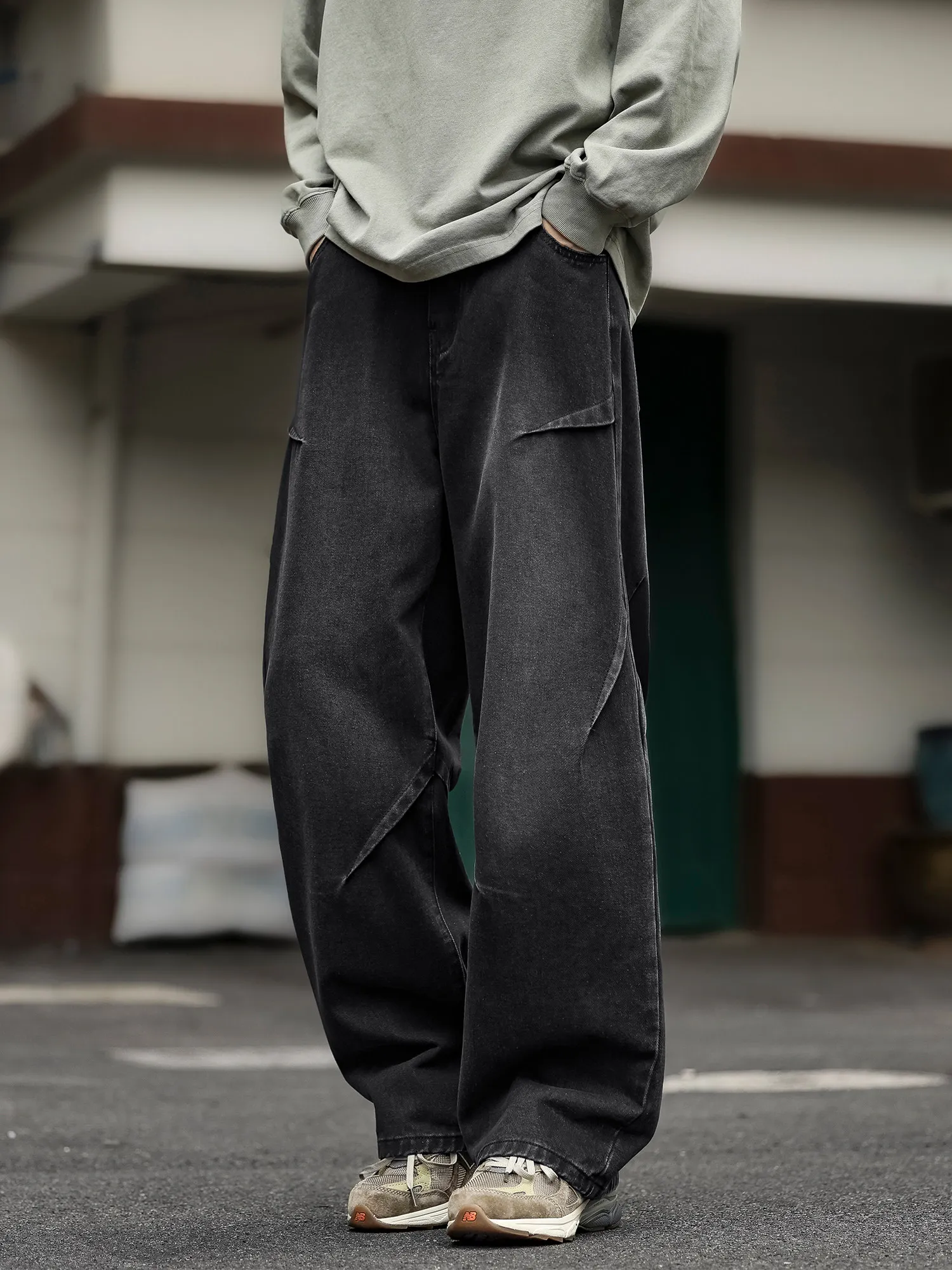 

American High Street Bla Pleated Men's Jeans Spring Autumn New Sle Premium Straight Loose Casual Pants Youth Faion
