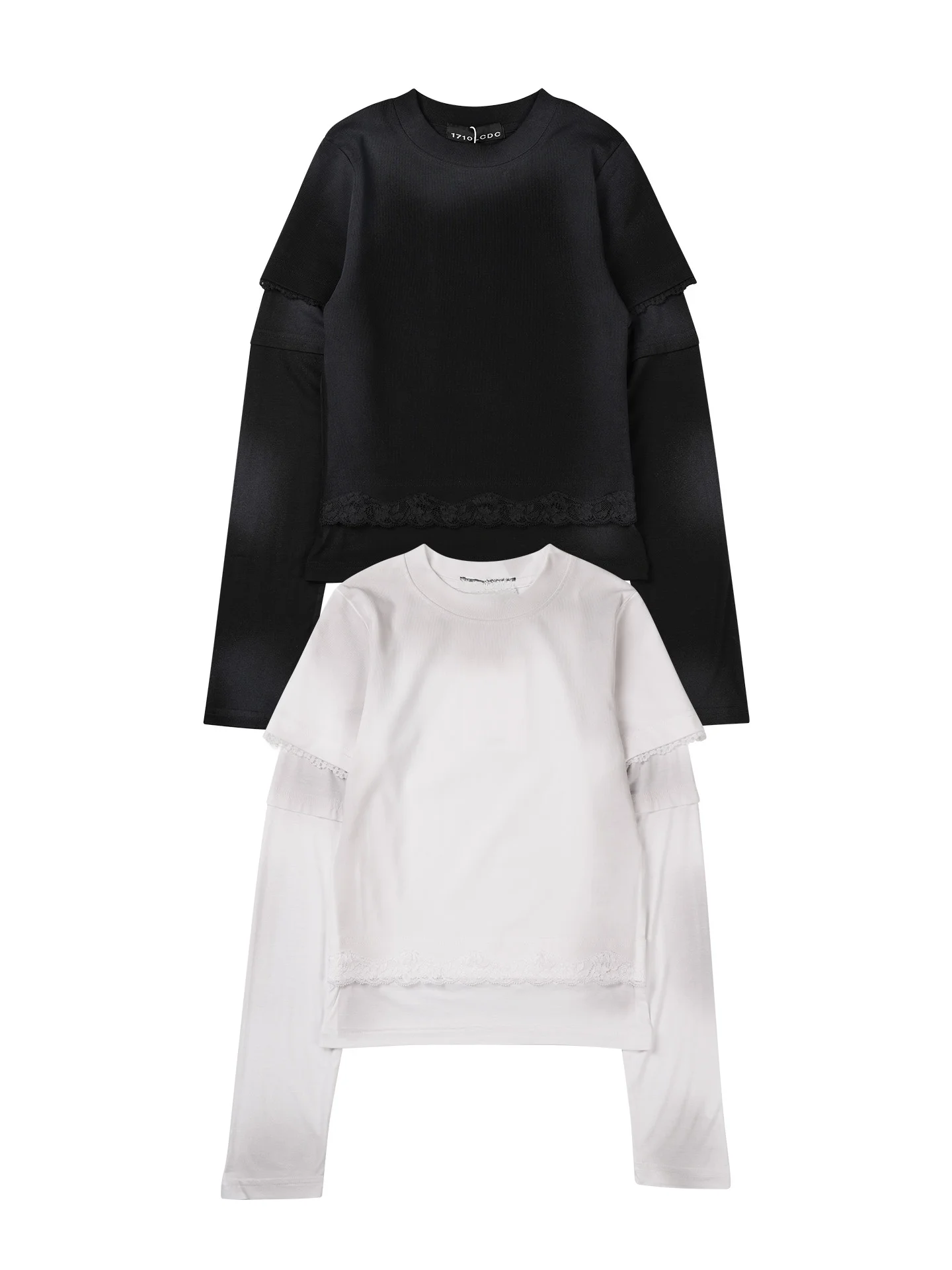 

Korean Style Long Sleeve T-Shirt Women's Lace Patchwork Washed Vintage Two-Piece Look Base Layer Shirt round Neck Short Length