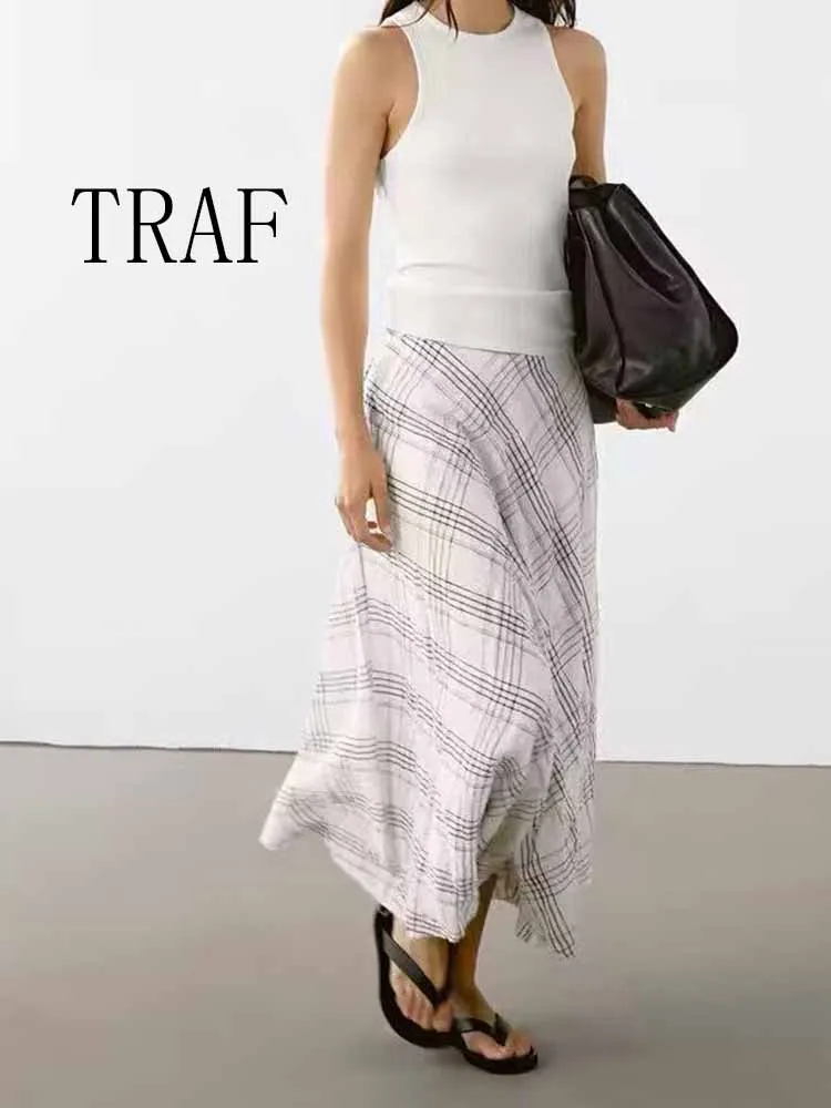 

TRAF European and American style women's clothing summer new fashion French literary retro romantic drape plaid mid-length skirt