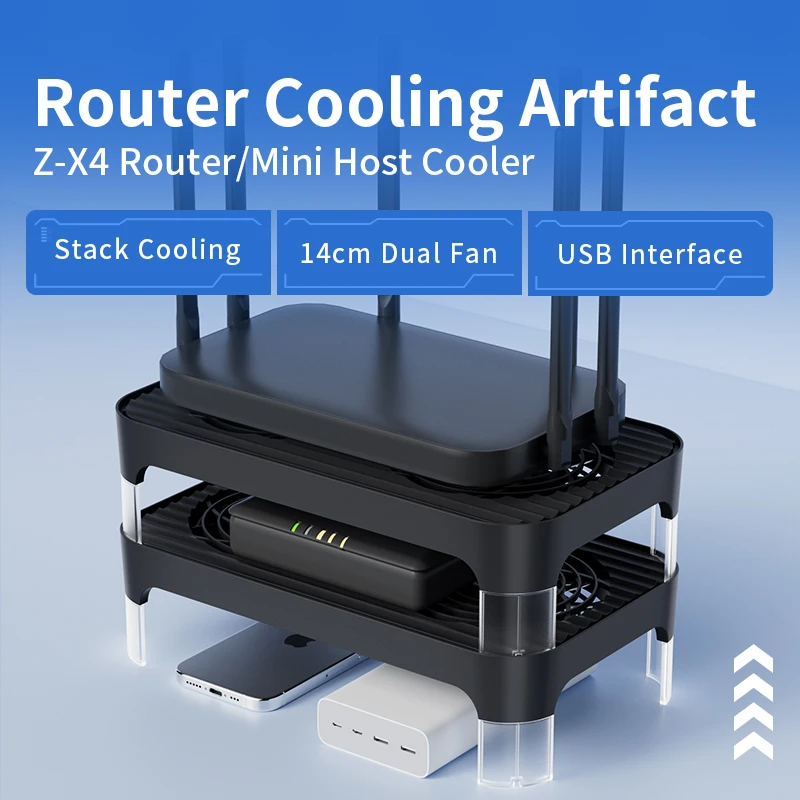 Warvank Z-X4 router/mini host radiator Silent dual fan USB interface design Heightened bracket Dual fan cooling base