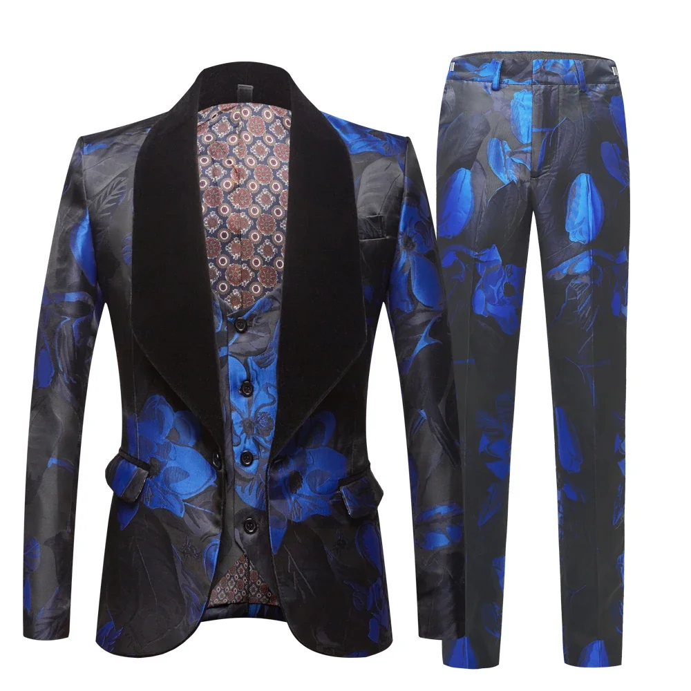 Jacquard Suit for Men Tide Men Navy Blue Floral Print Fashion Casual Suits Latest Coat Pant Designs Wedding Groom Stage Costume