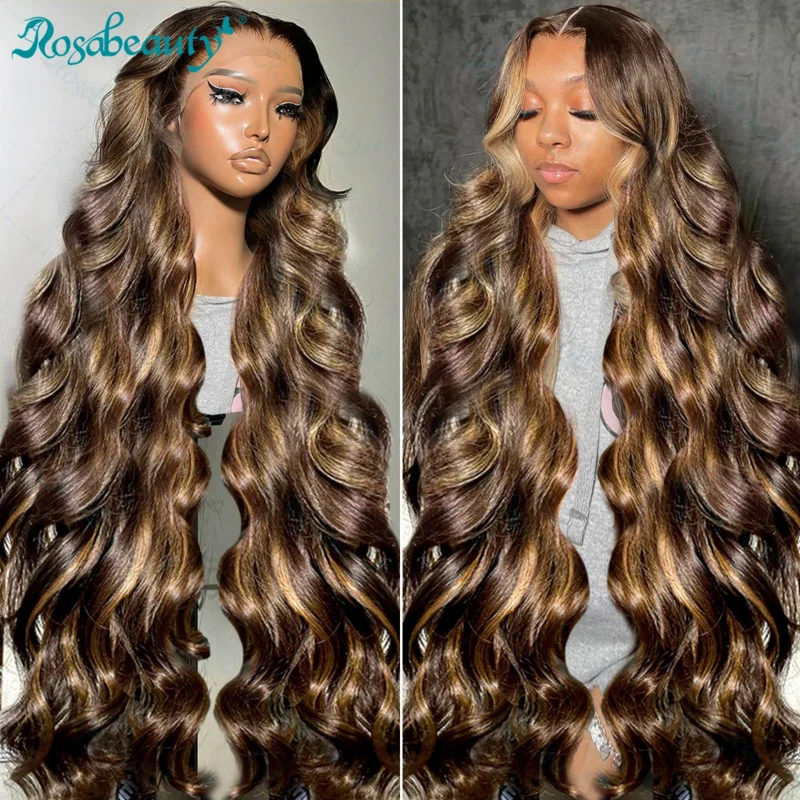 13x4 HD Highlight Ombre Body Wave Wigs Human Hair 4/27 Blonde Brown Wig 13x6 Lace Front Wig Colored Human Hair For Women