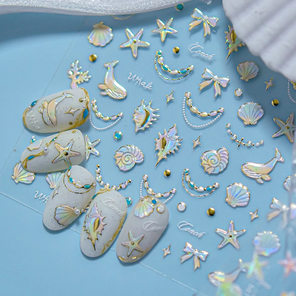 

Shiny Colorful Conch Shell Coral Starfish Whales Bowknot Ocean 3D Nail Art Decorations Stickers Summer Sea Cute Manicure Decals